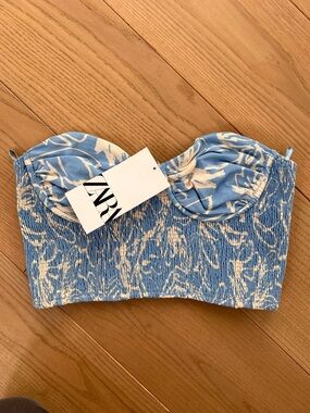 Zara Blue & White Smocked Bustier Crop Top